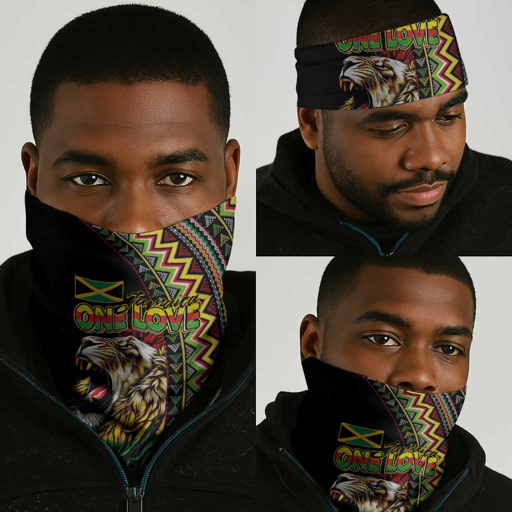 Jamaican Reggae-One Love Neck Gaiter Tribal African Pattern and Roaring Lion - Wonder Print Shop