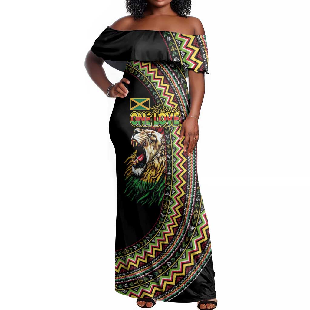Personalized Jamaican Reggae-One Love Off Shoulder Maxi Dress Tribal African Pattern and Roaring Lion - Wonder Print Shop