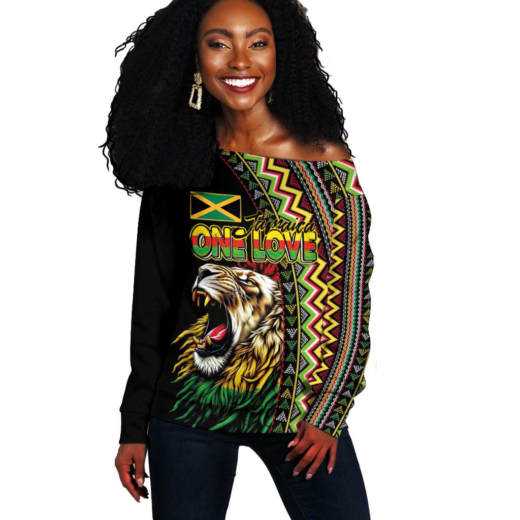Personalized Jamaican Reggae-One Love Off Shoulder Sweater Tribal African Pattern and Roaring Lion - Wonder Print Shop
