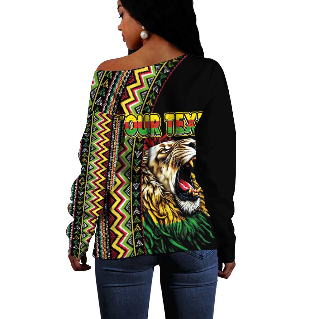 Personalized Jamaican Reggae-One Love Off Shoulder Sweater Tribal African Pattern and Roaring Lion - Wonder Print Shop