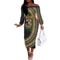 Personalized Jamaican Reggae-One Love Off The Shoulder Long Sleeve Dress Tribal African Pattern and Roaring Lion - Wonder Print Shop