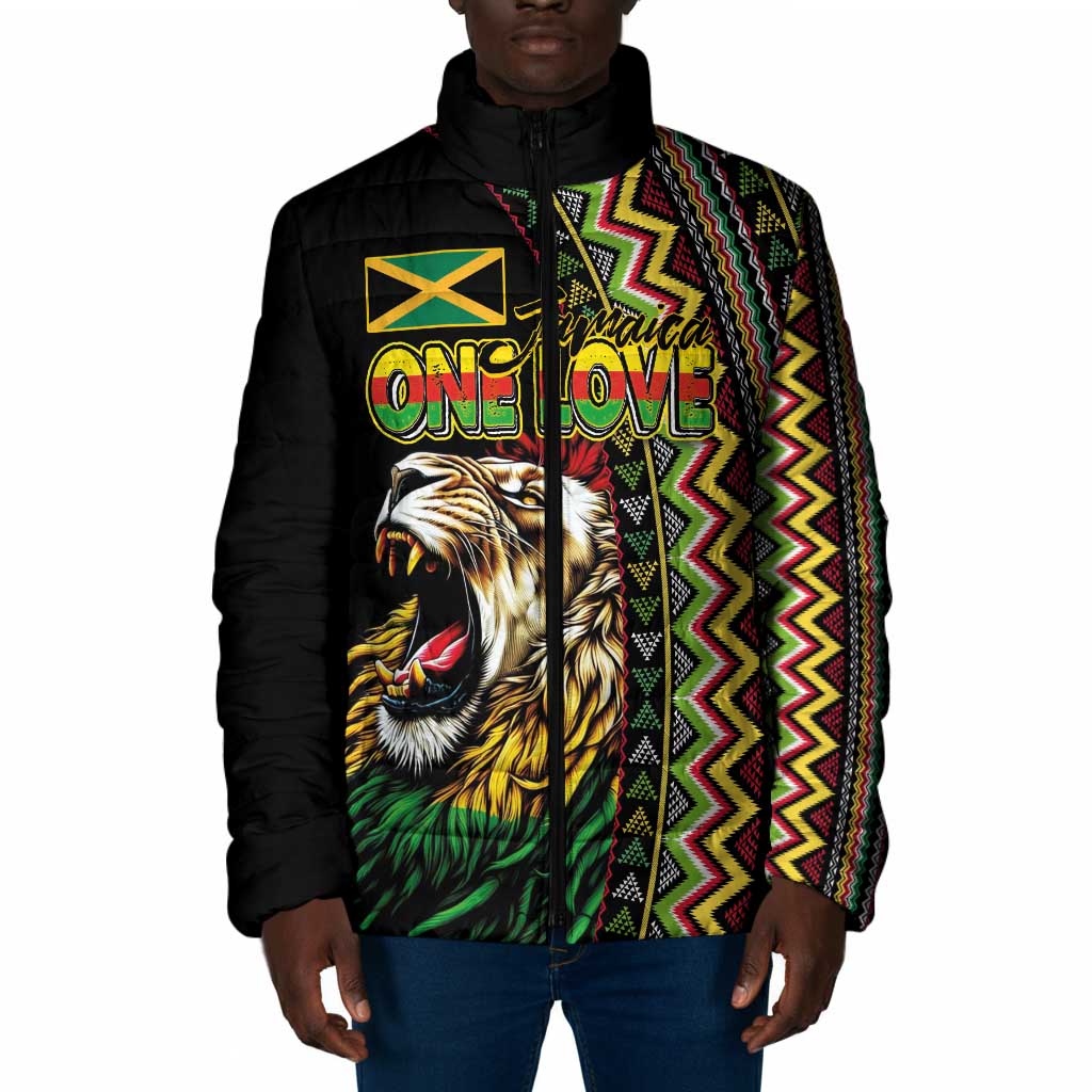 Personalized Jamaican Reggae-One Love Padded Jacket Tribal African Pattern and Roaring Lion - Wonder Print Shop