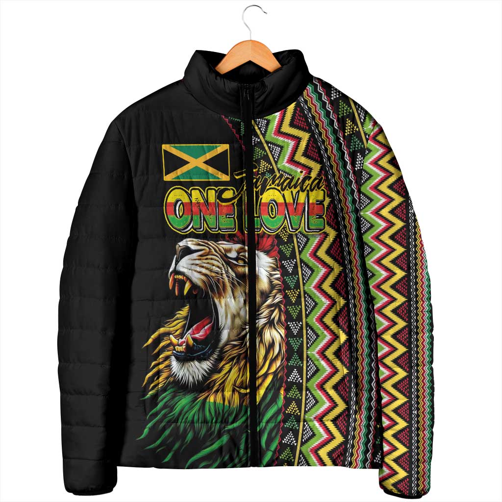Personalized Jamaican Reggae-One Love Padded Jacket Tribal African Pattern and Roaring Lion - Wonder Print Shop
