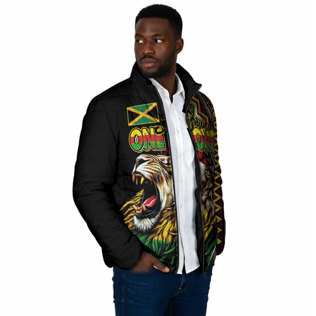 Personalized Jamaican Reggae-One Love Padded Jacket Tribal African Pattern and Roaring Lion - Wonder Print Shop