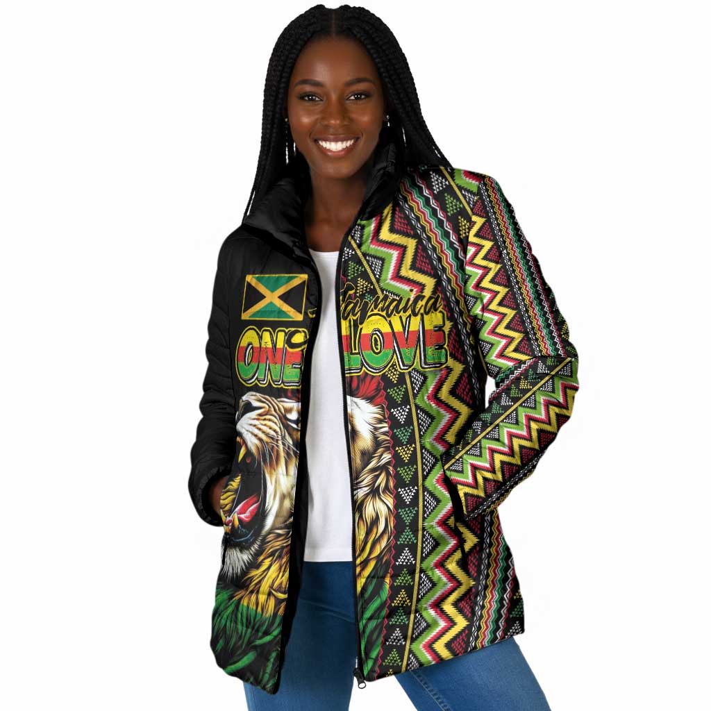 Personalized Jamaican Reggae-One Love Padded Jacket Tribal African Pattern and Roaring Lion - Wonder Print Shop