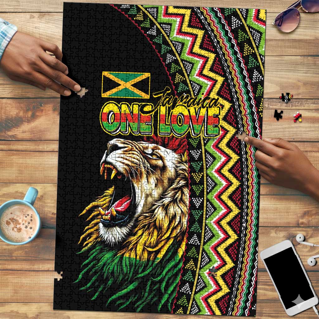 Jamaican Reggae-One Love Puzzle Tribal African Pattern and Roaring Lion - Wonder Print Shop