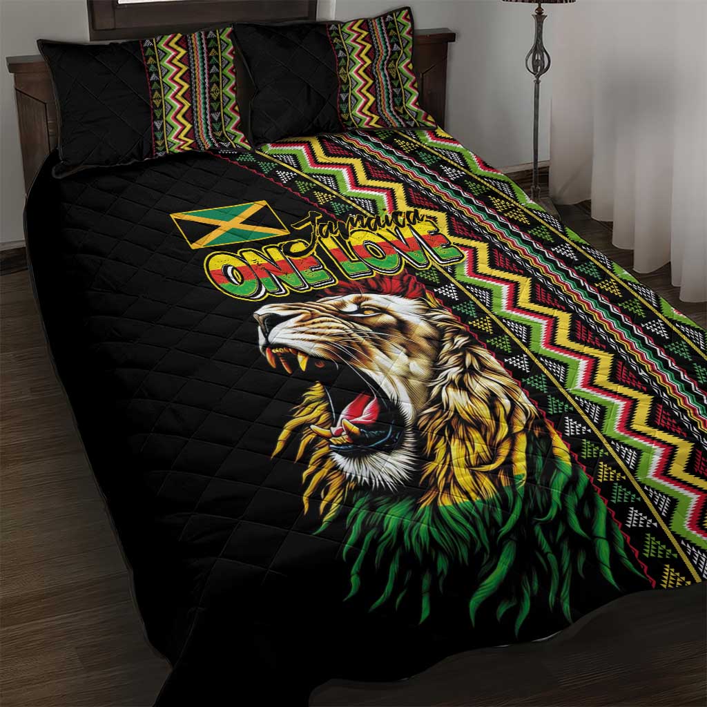 Jamaican Reggae-One Love Quilt Bed Set Tribal African Pattern and Roaring Lion - Wonder Print Shop