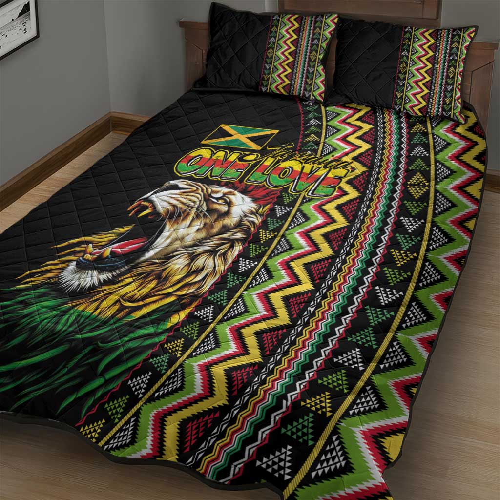 Jamaican Reggae-One Love Quilt Bed Set Tribal African Pattern and Roaring Lion - Wonder Print Shop