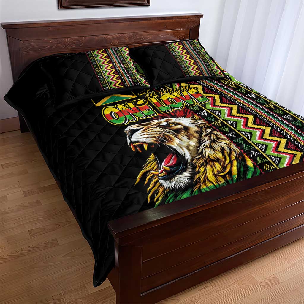 Jamaican Reggae-One Love Quilt Bed Set Tribal African Pattern and Roaring Lion - Wonder Print Shop