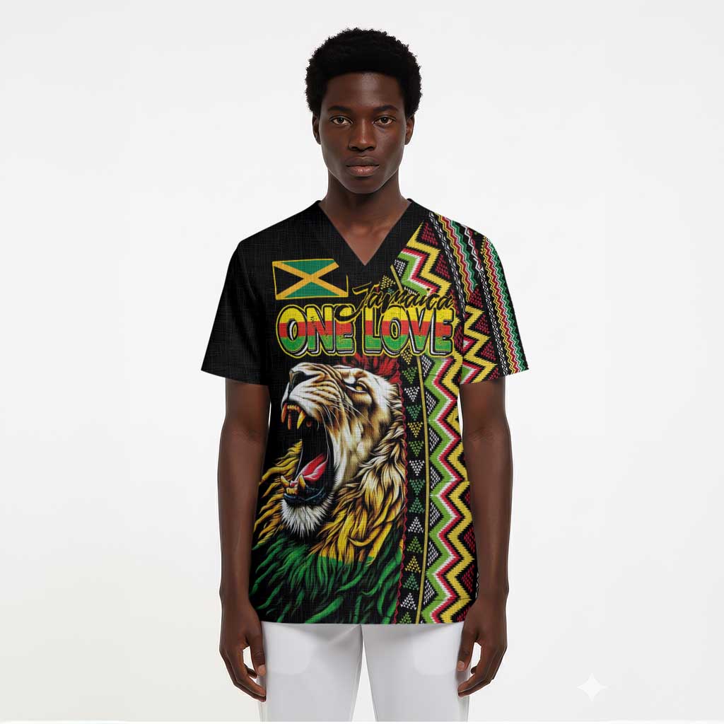 Personalized Jamaican Reggae-One Love Scrub Top Tribal African Pattern and Roaring Lion - Wonder Print Shop