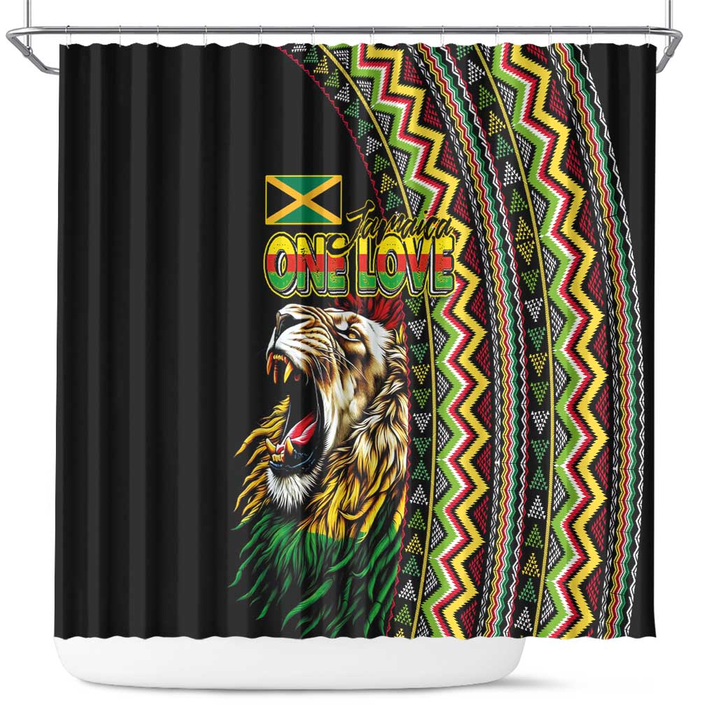 Jamaican Reggae-One Love Shower Curtain Tribal African Pattern and Roaring Lion - Wonder Print Shop