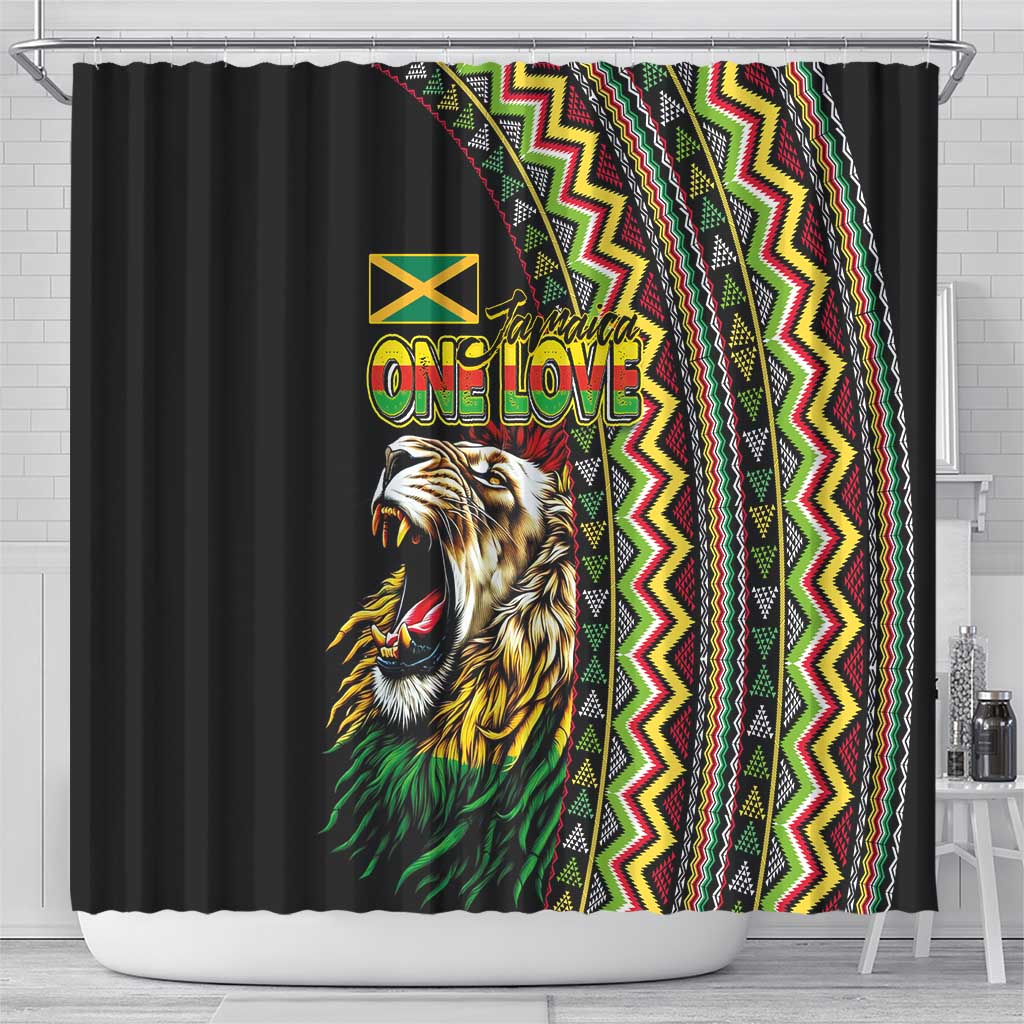 Jamaican Reggae-One Love Shower Curtain Tribal African Pattern and Roaring Lion - Wonder Print Shop