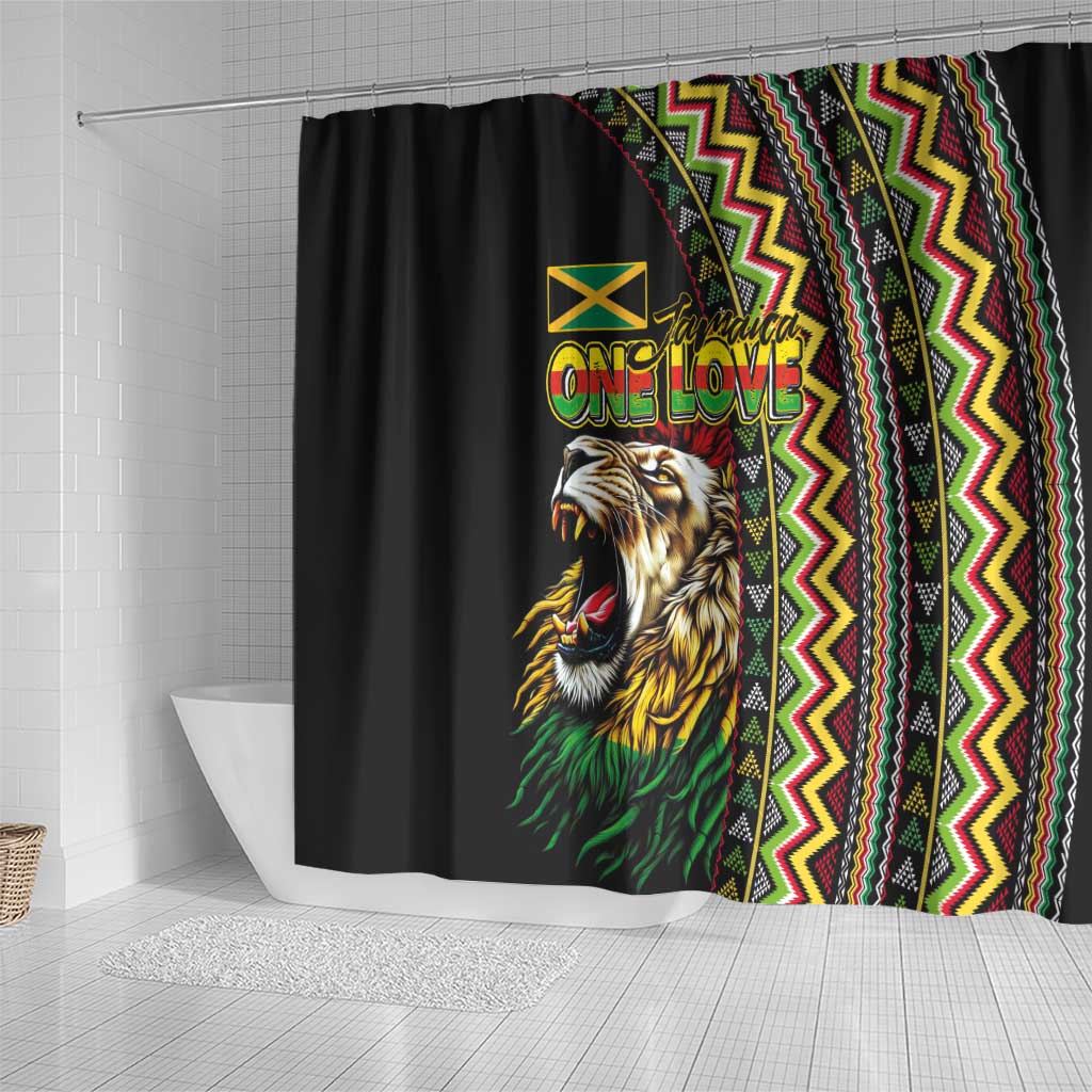 Jamaican Reggae-One Love Shower Curtain Tribal African Pattern and Roaring Lion - Wonder Print Shop