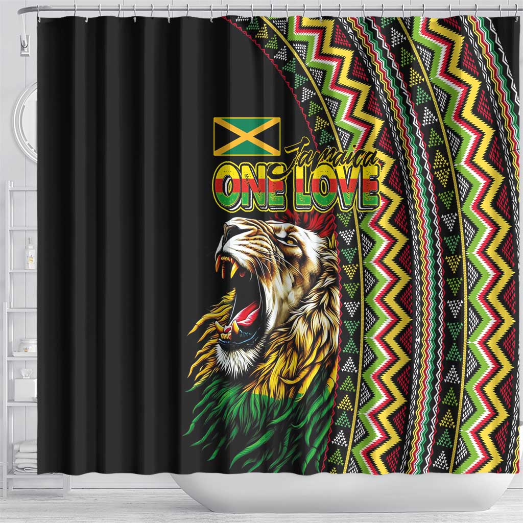 Jamaican Reggae-One Love Shower Curtain Tribal African Pattern and Roaring Lion - Wonder Print Shop