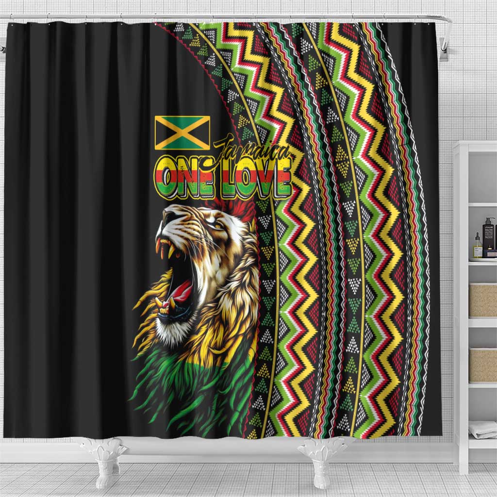 Jamaican Reggae-One Love Shower Curtain Tribal African Pattern and Roaring Lion - Wonder Print Shop