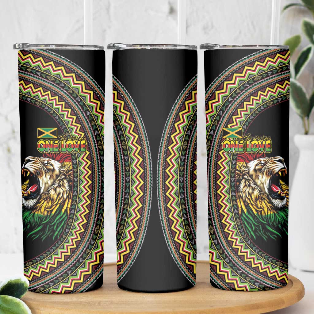 Jamaican Reggae-One Love Skinny Tumbler Tribal African Pattern and Roaring Lion - Wonder Print Shop