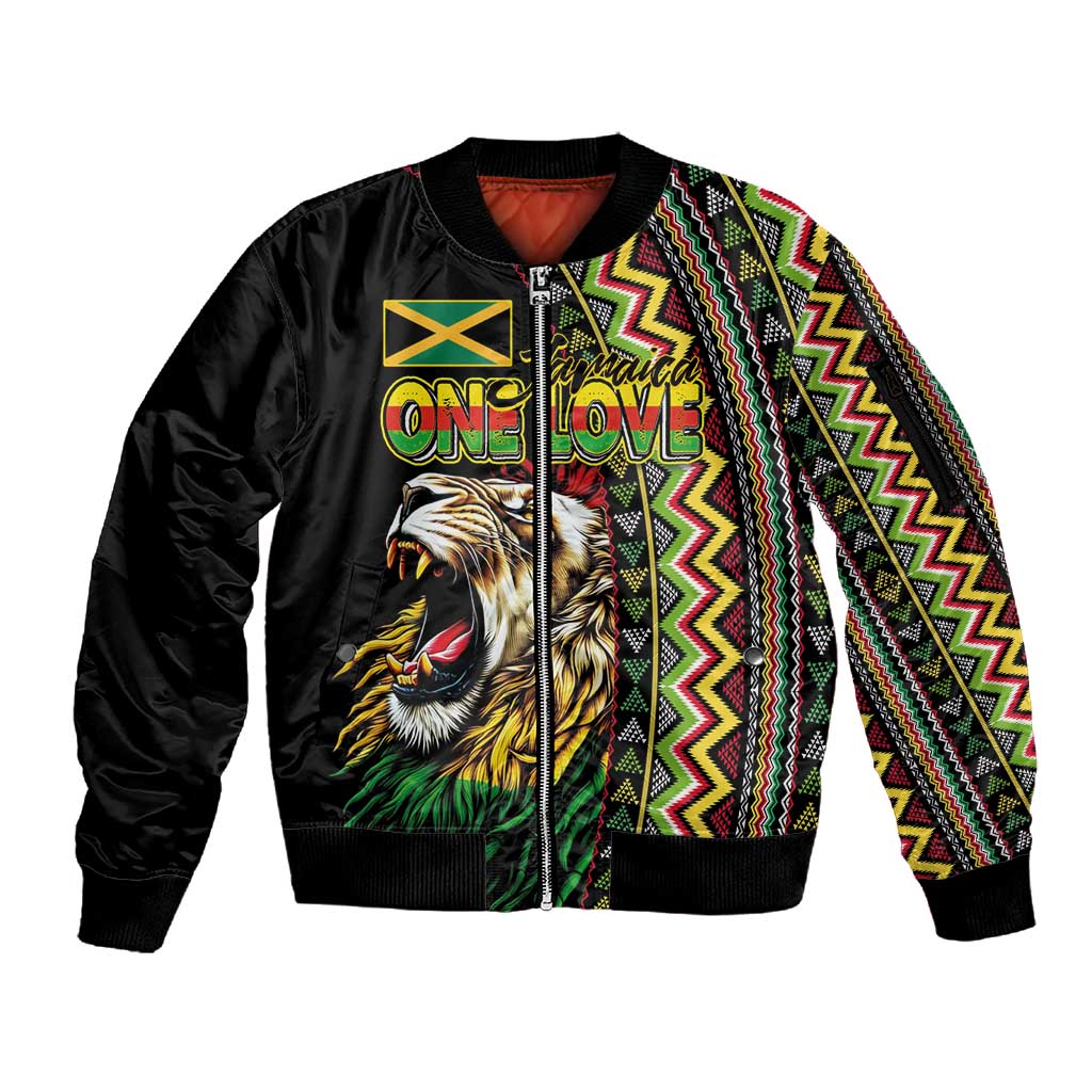Personalized Jamaican Reggae-One Love Sleeve Zip Bomber Jacket Tribal African Pattern and Roaring Lion - Wonder Print Shop