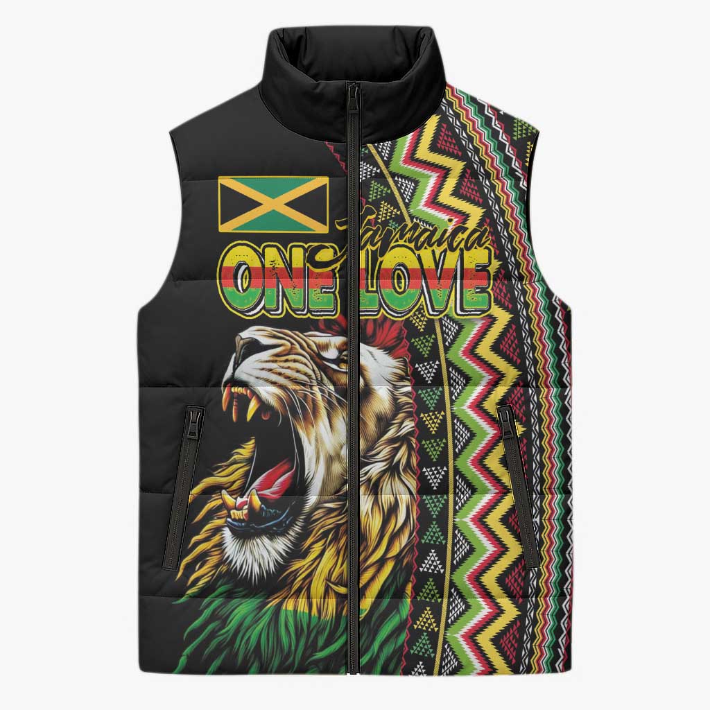 Personalized Jamaican Reggae-One Love Sleeveless Puffer Jacket Tribal African Pattern and Roaring Lion - Wonder Print Shop
