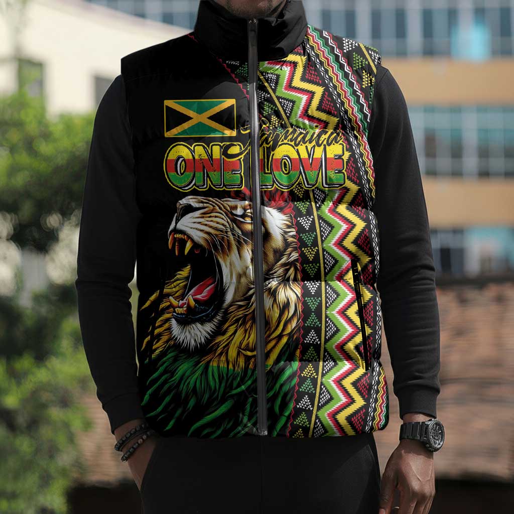 Personalized Jamaican Reggae-One Love Sleeveless Puffer Jacket Tribal African Pattern and Roaring Lion - Wonder Print Shop