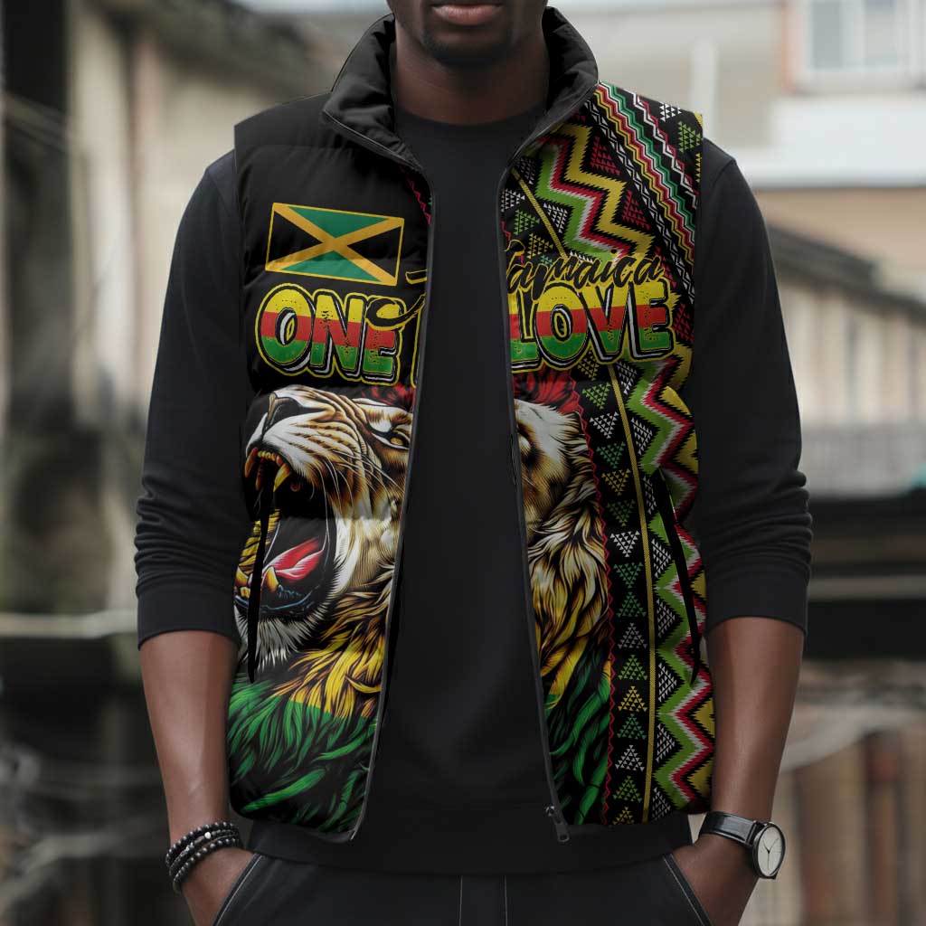 Personalized Jamaican Reggae-One Love Sleeveless Puffer Jacket Tribal African Pattern and Roaring Lion - Wonder Print Shop