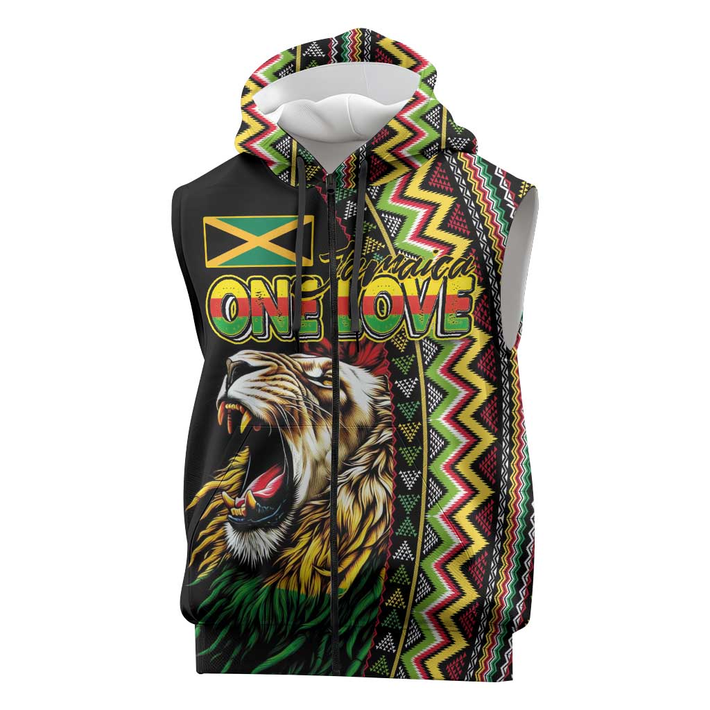 Personalized Jamaican Reggae-One Love Sleeveless Zip Hoodie Tribal African Pattern and Roaring Lion - Wonder Print Shop