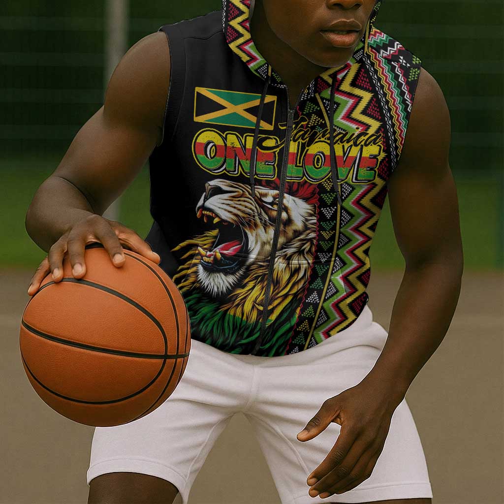 Personalized Jamaican Reggae-One Love Sleeveless Zip Hoodie Tribal African Pattern and Roaring Lion - Wonder Print Shop