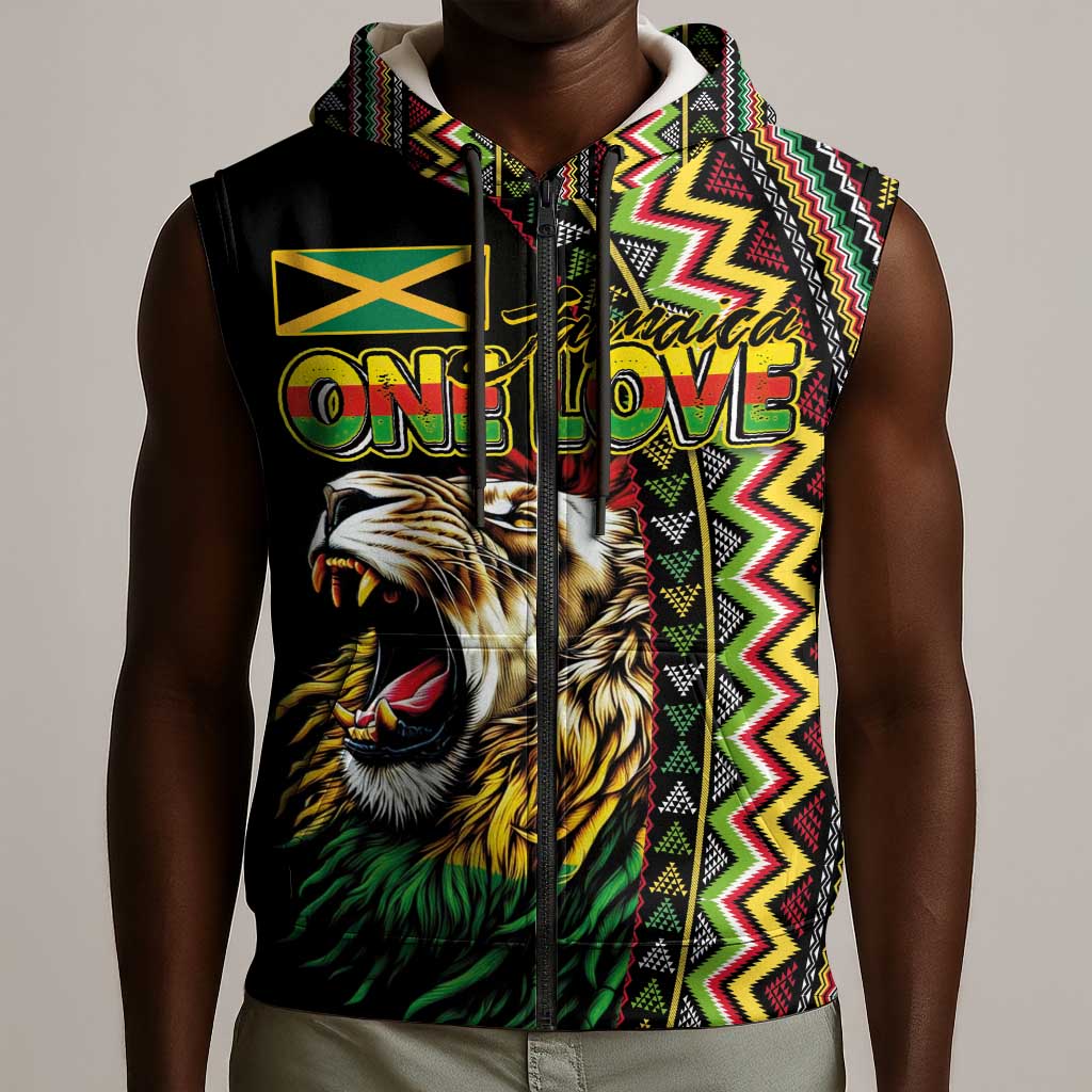 Personalized Jamaican Reggae-One Love Sleeveless Zip Hoodie Tribal African Pattern and Roaring Lion - Wonder Print Shop
