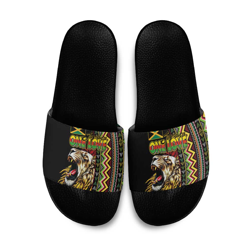 Jamaican Reggae-One Love Slide Sandals Tribal African Pattern and Roaring Lion - Wonder Print Shop