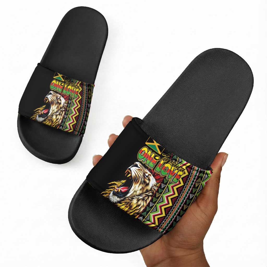 Jamaican Reggae-One Love Slide Sandals Tribal African Pattern and Roaring Lion - Wonder Print Shop