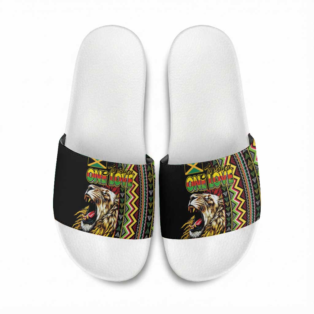 Jamaican Reggae-One Love Slide Sandals Tribal African Pattern and Roaring Lion - Wonder Print Shop