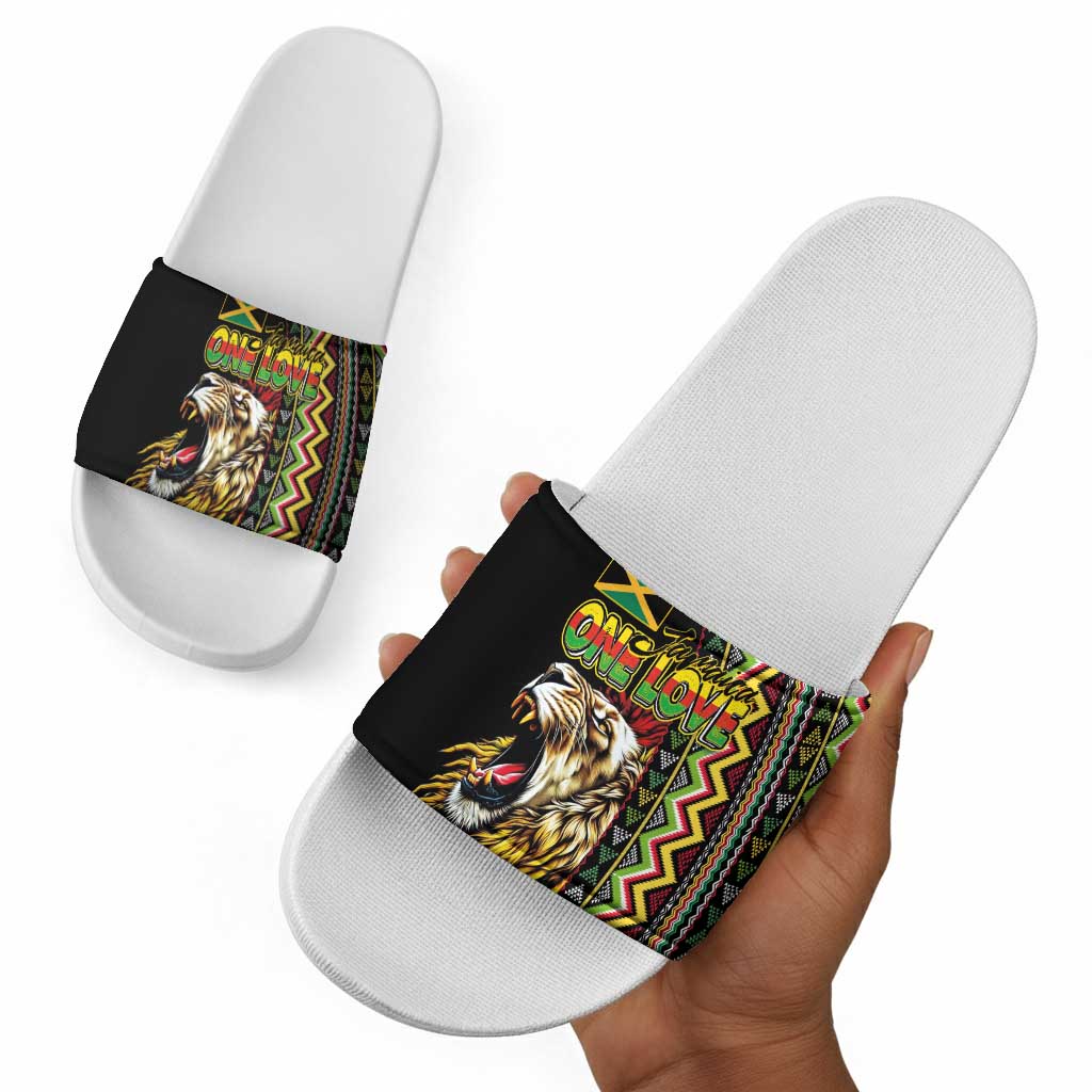 Jamaican Reggae-One Love Slide Sandals Tribal African Pattern and Roaring Lion - Wonder Print Shop