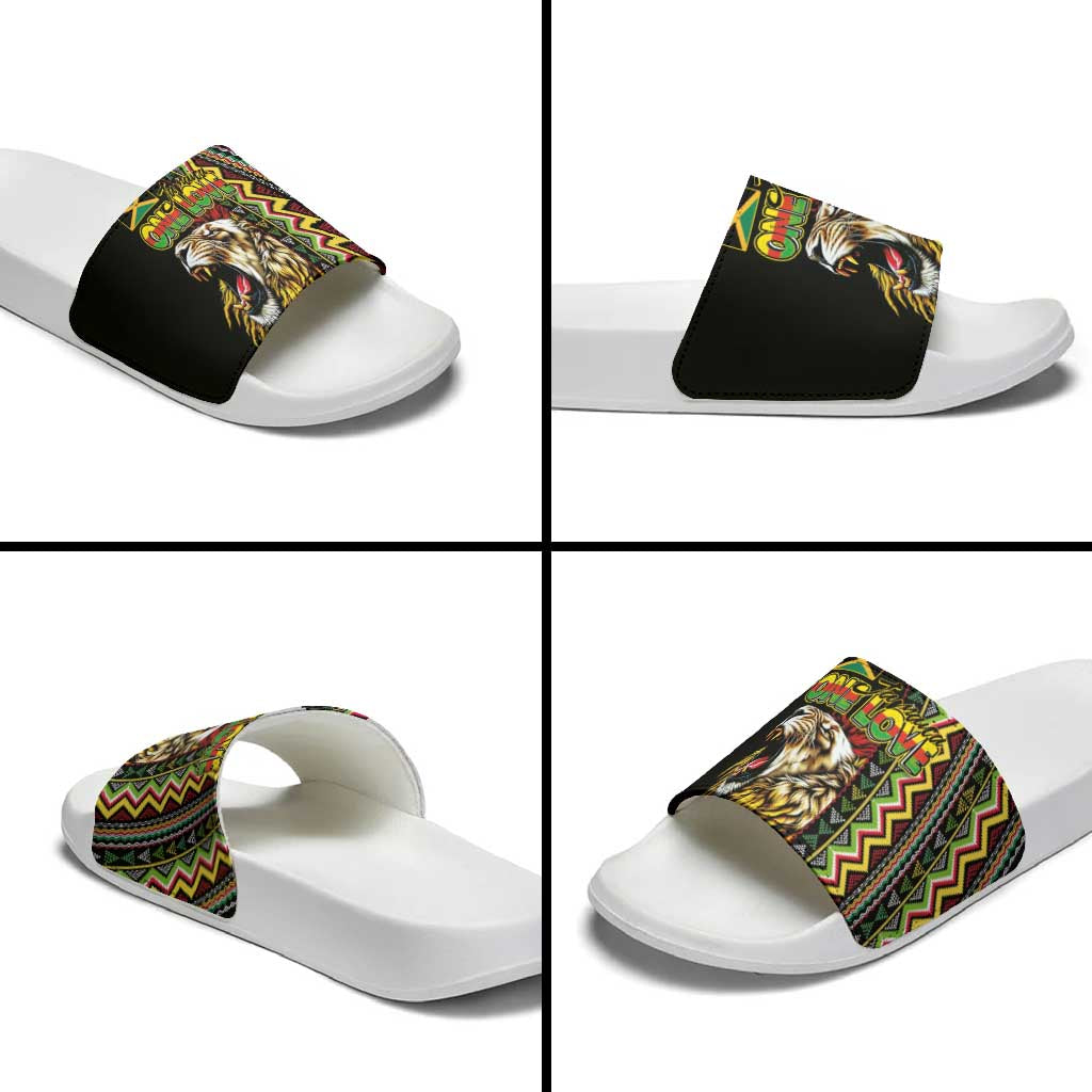 Jamaican Reggae-One Love Slide Sandals Tribal African Pattern and Roaring Lion - Wonder Print Shop