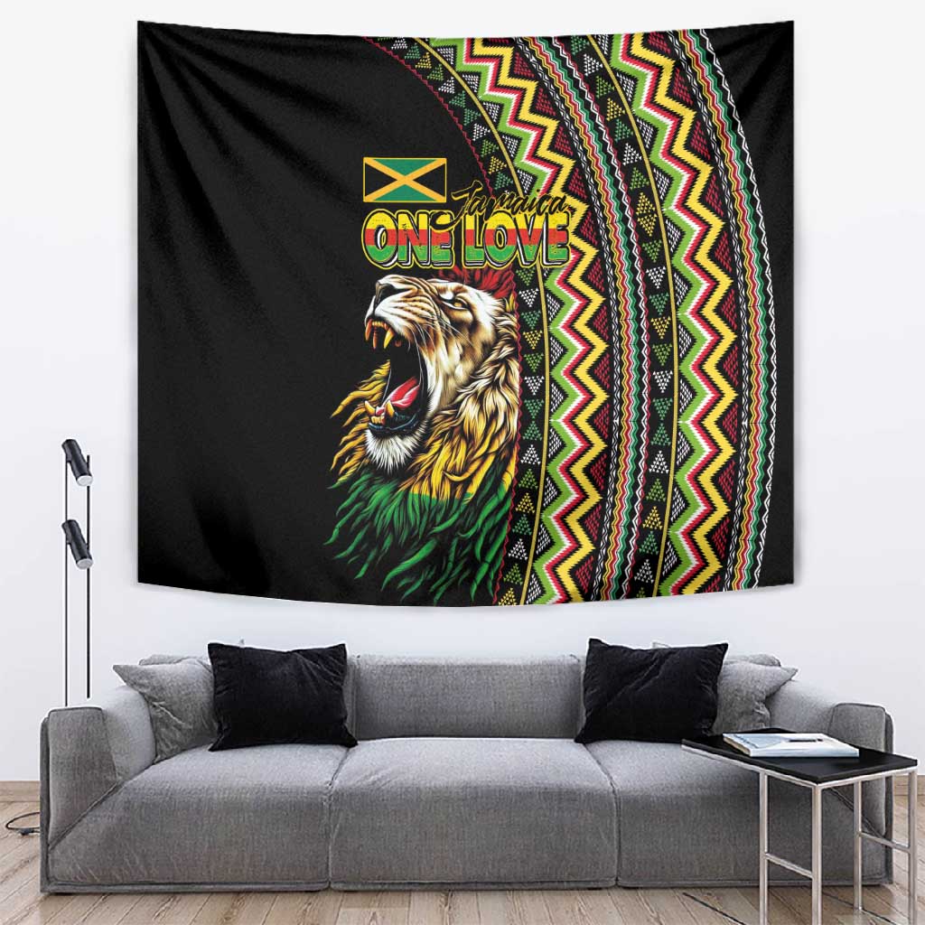 Jamaican Reggae-One Love Tapestry Tribal African Pattern and Roaring Lion - Wonder Print Shop