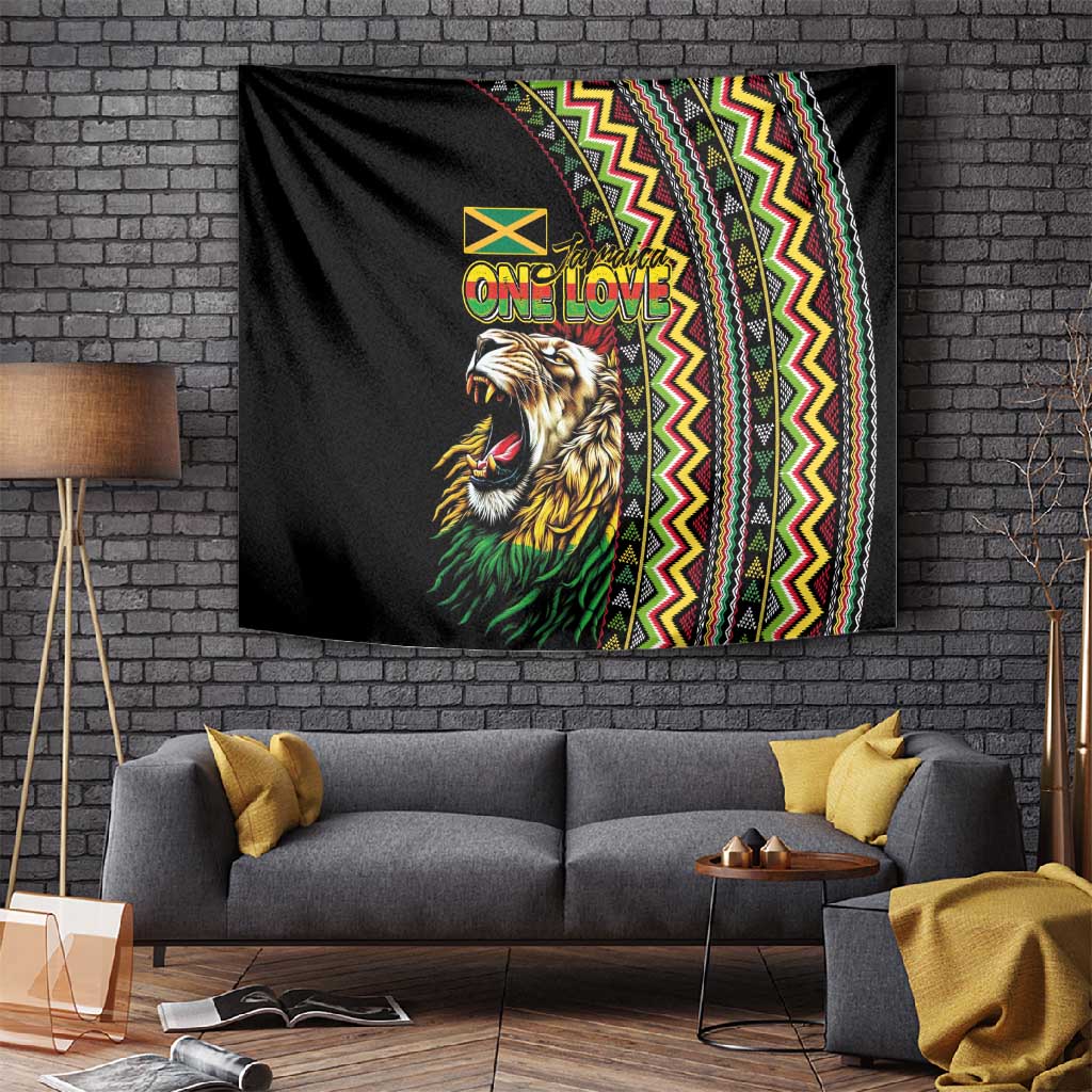 Jamaican Reggae-One Love Tapestry Tribal African Pattern and Roaring Lion - Wonder Print Shop