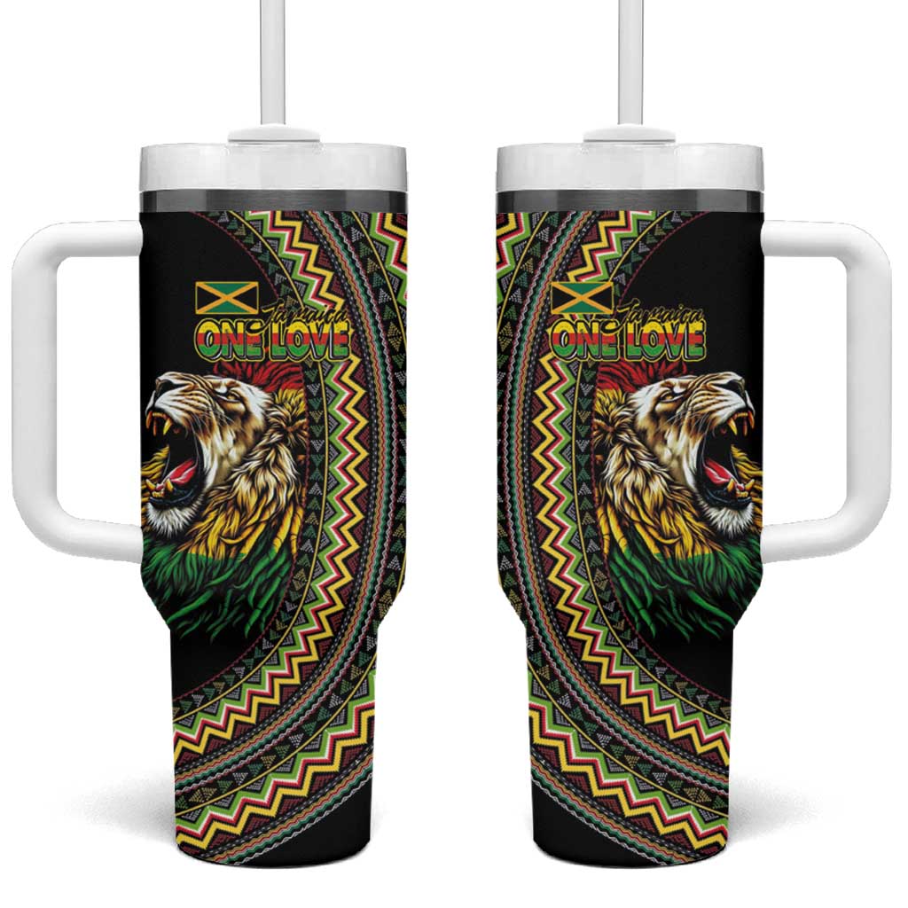 Jamaican Reggae-One Love Tumbler With Handle Tribal African Pattern and Roaring Lion - Wonder Print Shop