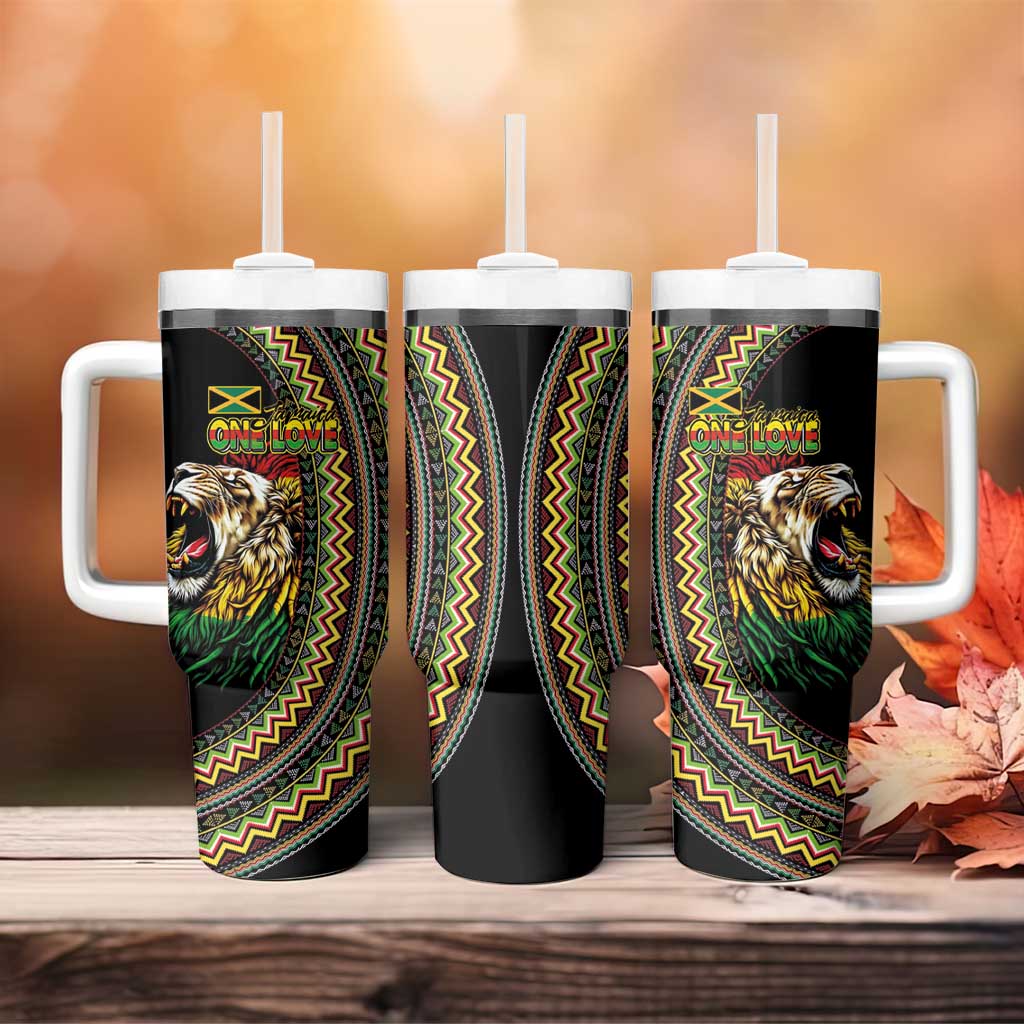 Jamaican Reggae-One Love Tumbler With Handle Tribal African Pattern and Roaring Lion - Wonder Print Shop