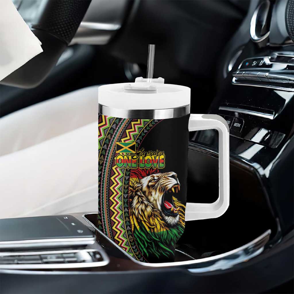 Jamaican Reggae-One Love Tumbler With Handle Tribal African Pattern and Roaring Lion - Wonder Print Shop