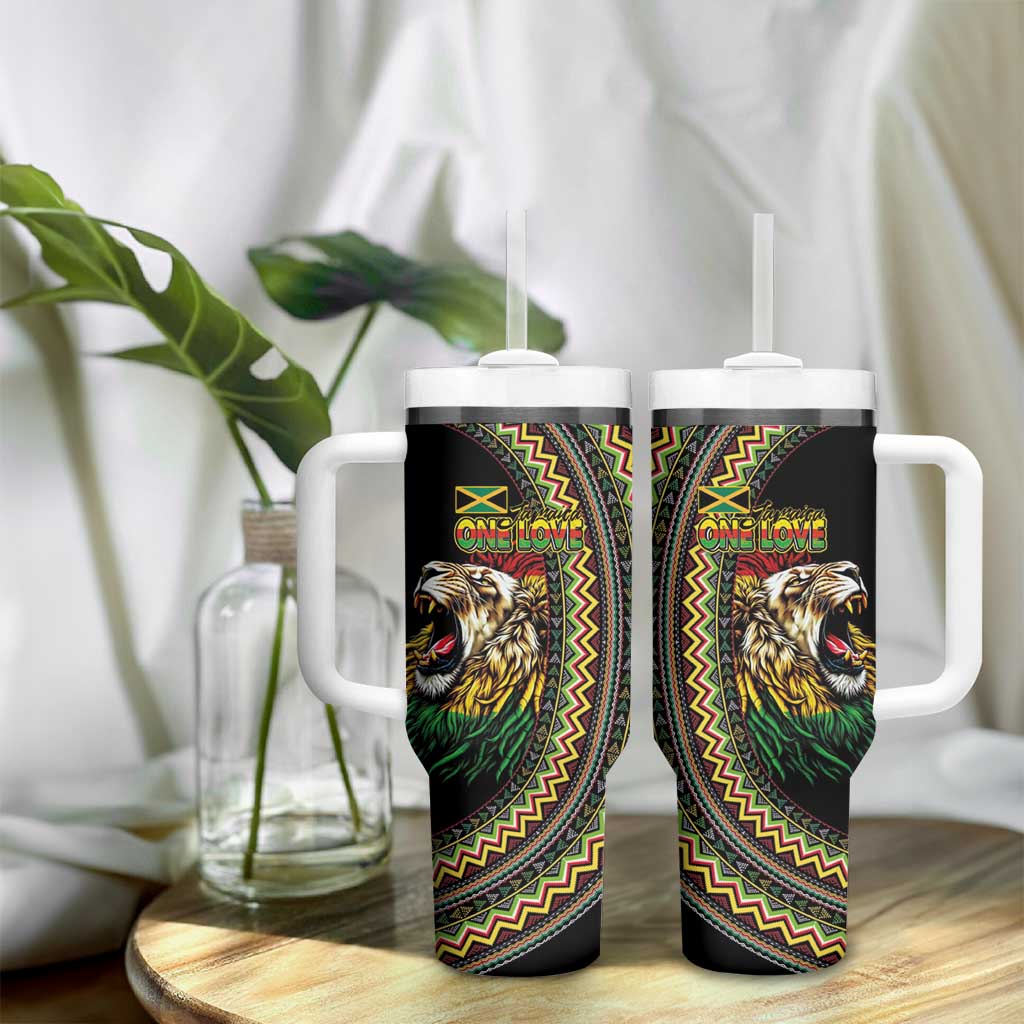 Jamaican Reggae-One Love Tumbler With Handle Tribal African Pattern and Roaring Lion - Wonder Print Shop