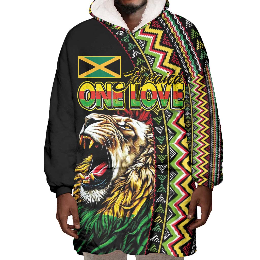 Personalized Jamaican Reggae-One Love Wearable Blanket Hoodie Tribal African Pattern and Roaring Lion - Wonder Print Shop