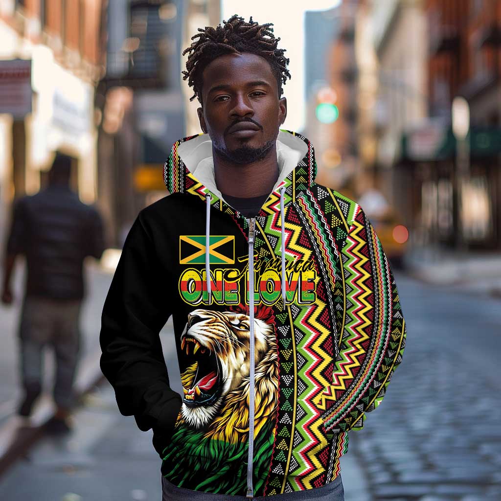 Personalized Jamaican Reggae-One Love Zip Hoodie Tribal African Pattern and Roaring Lion - Wonder Print Shop