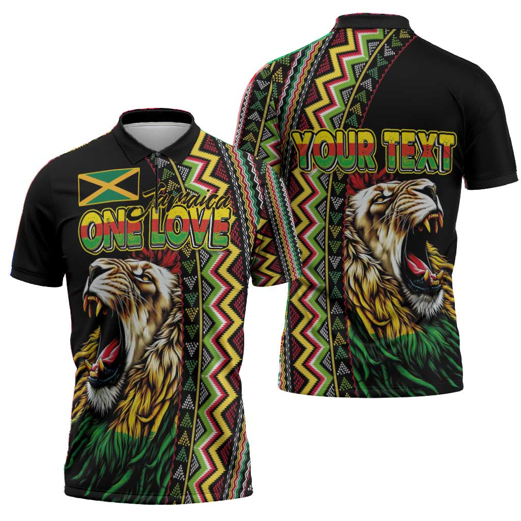 Personalized Jamaican Reggae-One Love Zipper Polo Shirt Tribal African Pattern and Roaring Lion - Wonder Print Shop