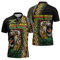 Personalized Jamaican Reggae-One Love Zipper Polo Shirt Tribal African Pattern and Roaring Lion - Wonder Print Shop