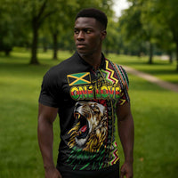 Personalized Jamaican Reggae-One Love Zipper Polo Shirt Tribal African Pattern and Roaring Lion - Wonder Print Shop