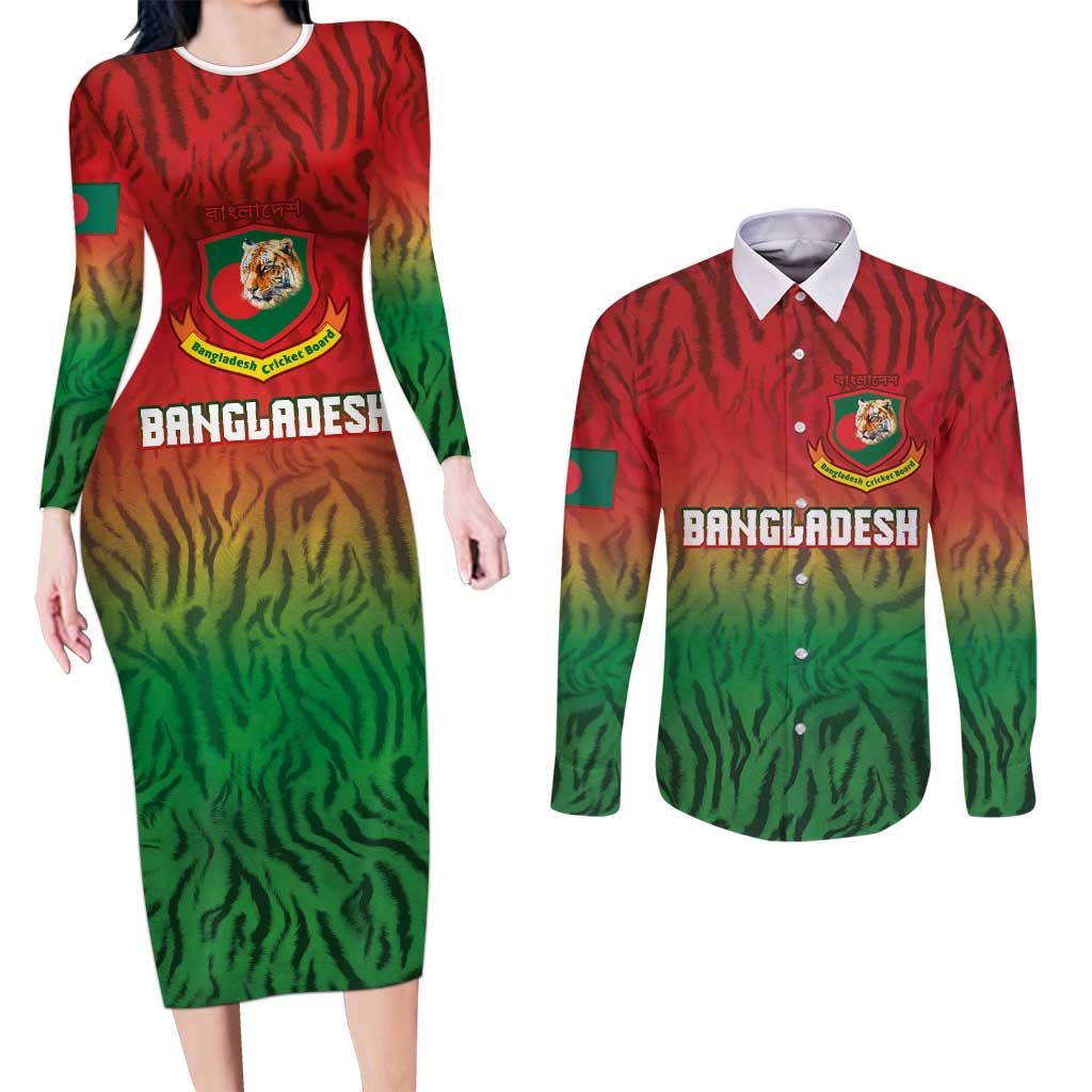 Custom Bangladesh Cricket-The Tigers Couples Matching Long Sleeve Bodycon Dress and Long Sleeve Button Shirt