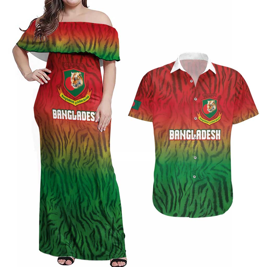 Custom Bangladesh Cricket-The Tigers Couples Matching Off Shoulder Maxi Dress and Hawaiian Shirt