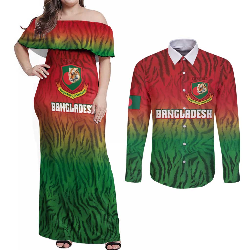 Custom Bangladesh Cricket-The Tigers Couples Matching Off Shoulder Maxi Dress and Long Sleeve Button Shirt