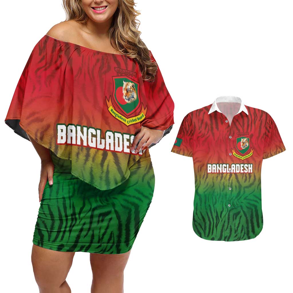 Custom Bangladesh Cricket-The Tigers Couples Matching Off Shoulder Short Dress and Hawaiian Shirt