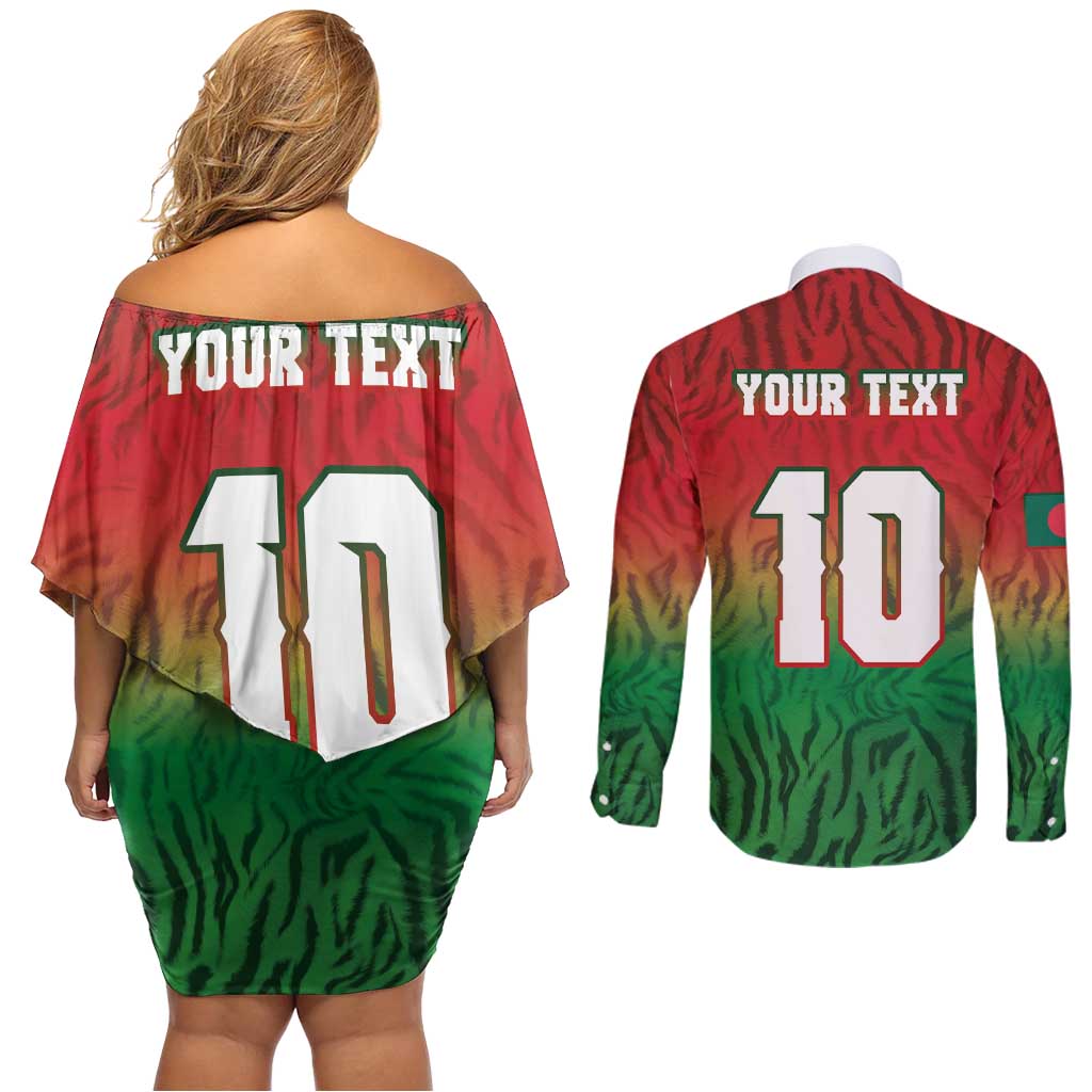 Custom Bangladesh Cricket-The Tigers Couples Matching Off Shoulder Short Dress and Long Sleeve Button Shirt