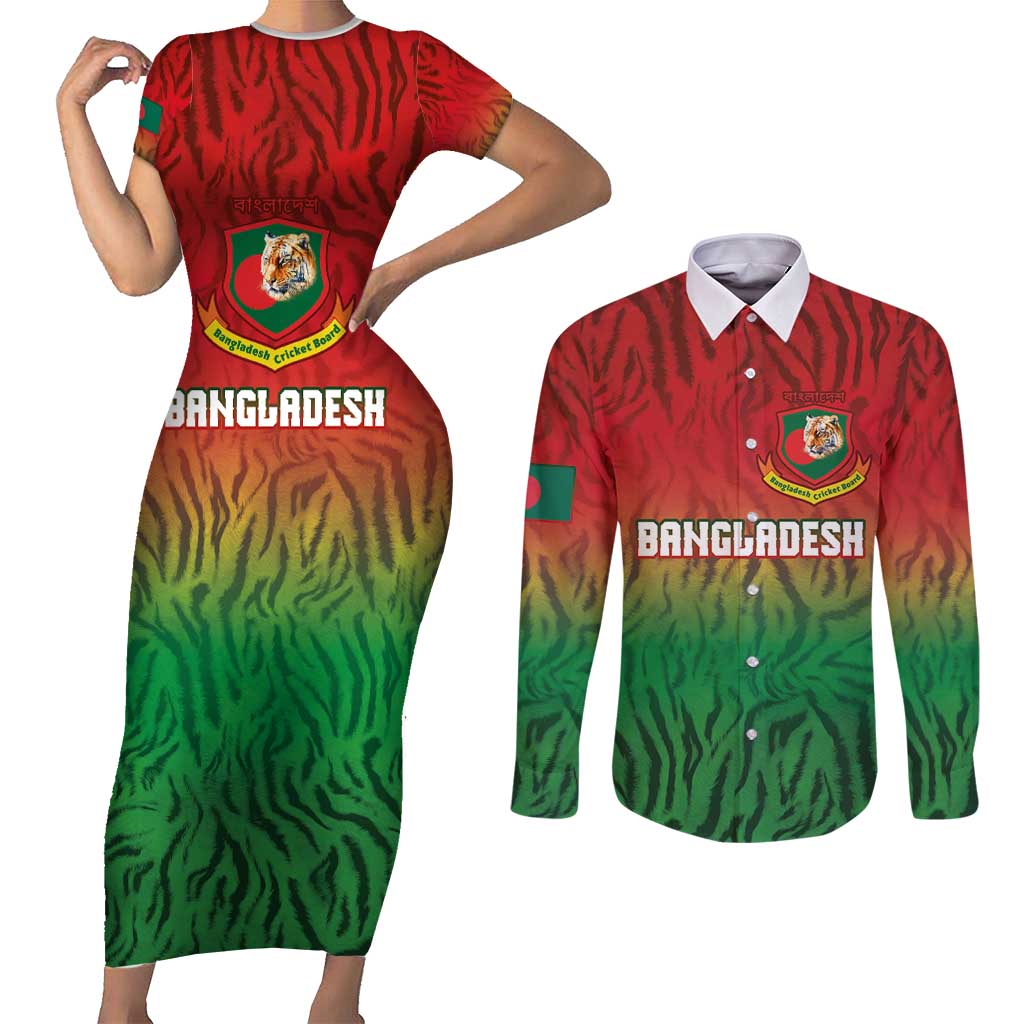 Custom Bangladesh Cricket-The Tigers Couples Matching Short Sleeve Bodycon Dress and Long Sleeve Button Shirt