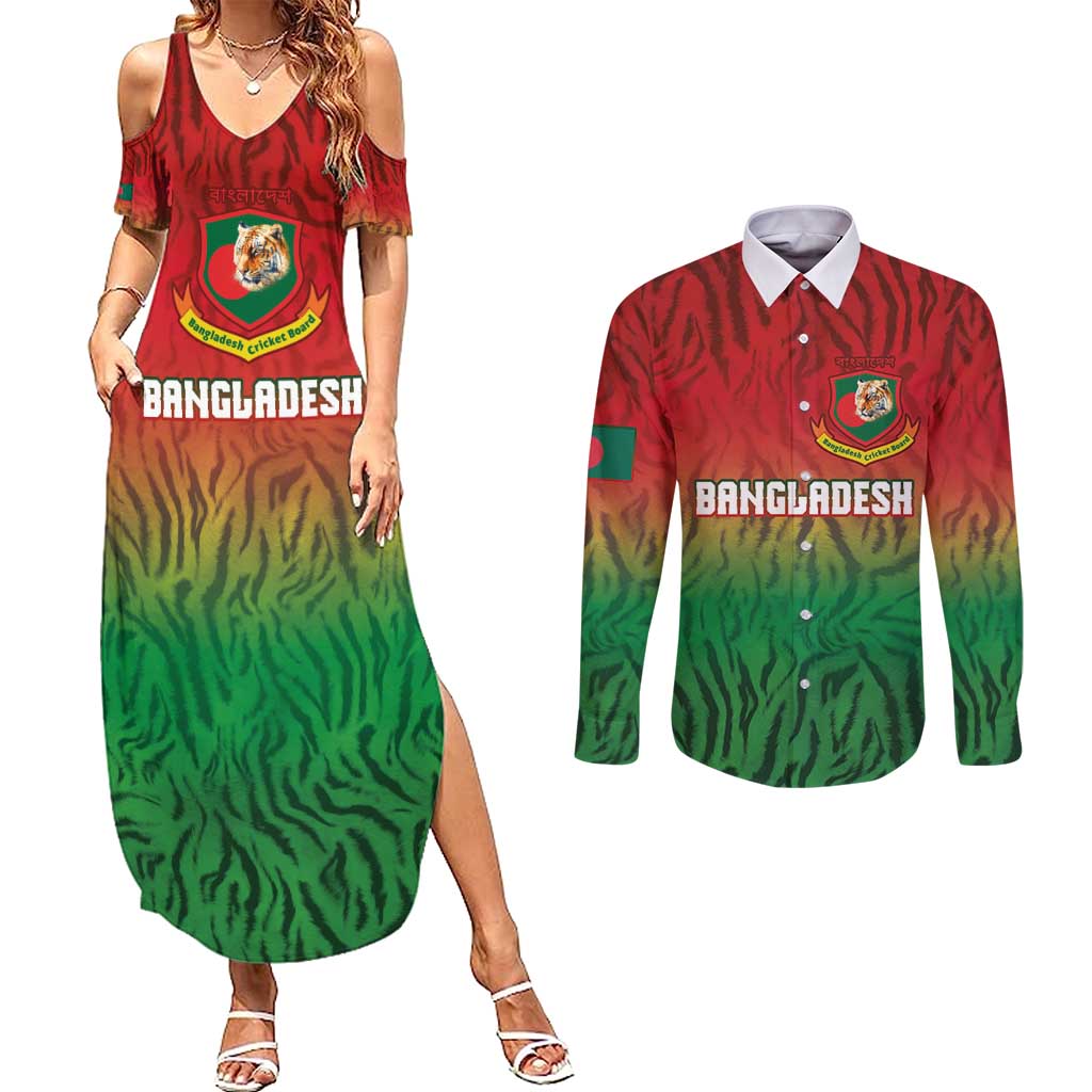 Custom Bangladesh Cricket-The Tigers Couples Matching Summer Maxi Dress and Long Sleeve Button Shirt